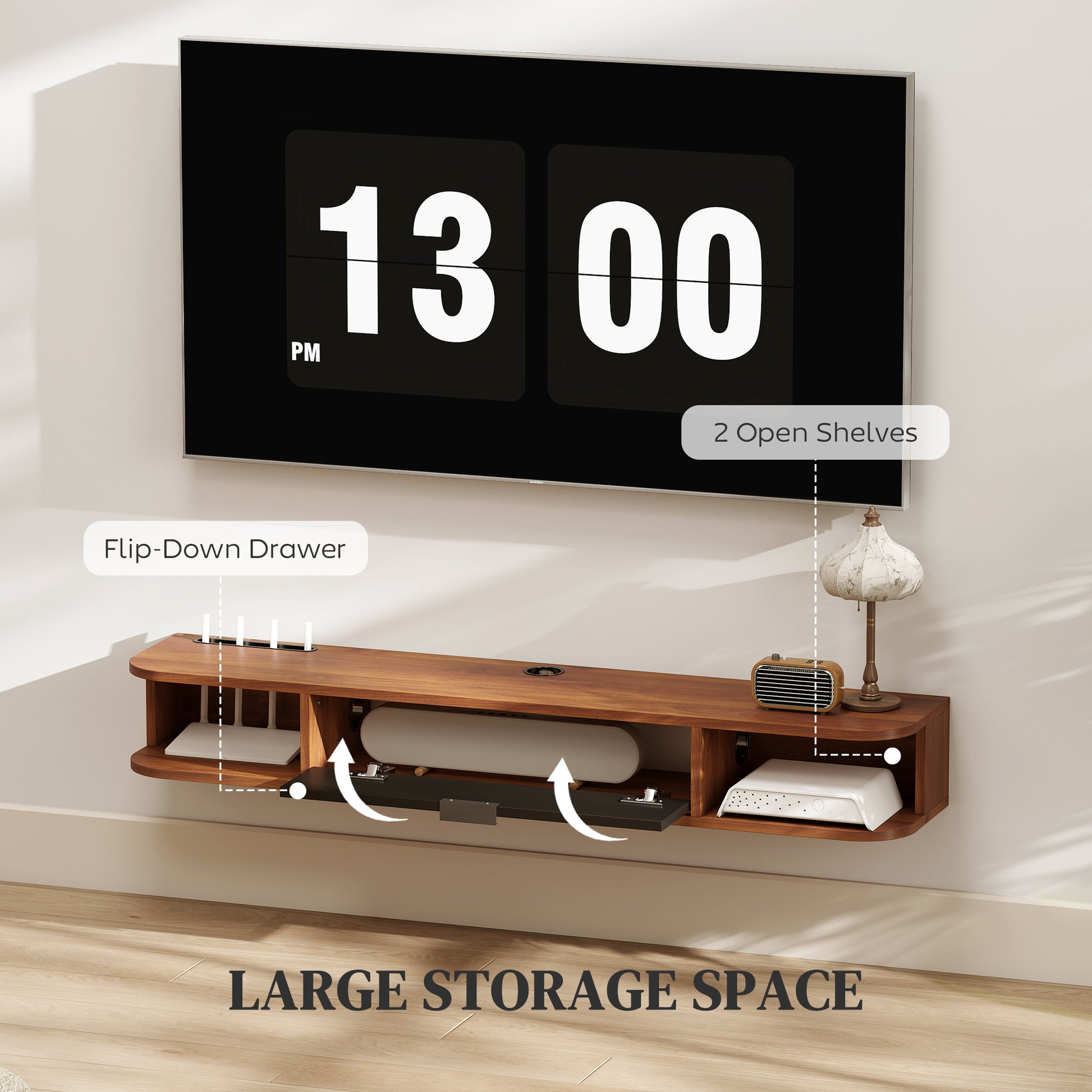 47" Floating TV Stand for TVs up to 50 Inch, Wall Mounted Media Console with Flip Drawer and 2 Open Shelves, Walnut-Home Furnishings > Living Room Furniture > TV¬†Stands-DECOROLALA