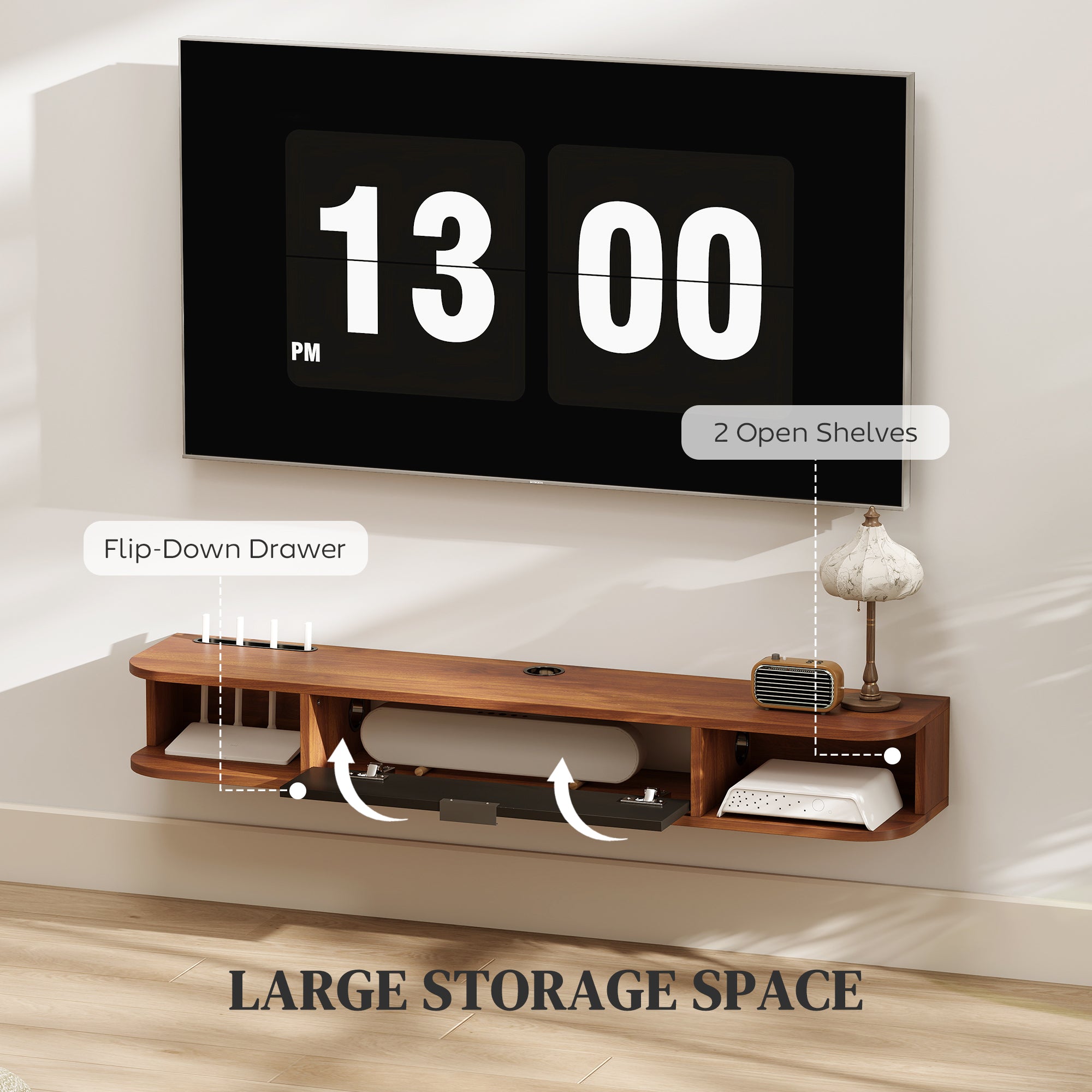 47" Floating TV Stand for TVs up to 50 Inch, Wall Mounted Media Console with Flip Drawer and 2 Open Shelves, Walnut-Home Furnishings > Living Room Furniture > TV¬†Stands-DECOROLALA