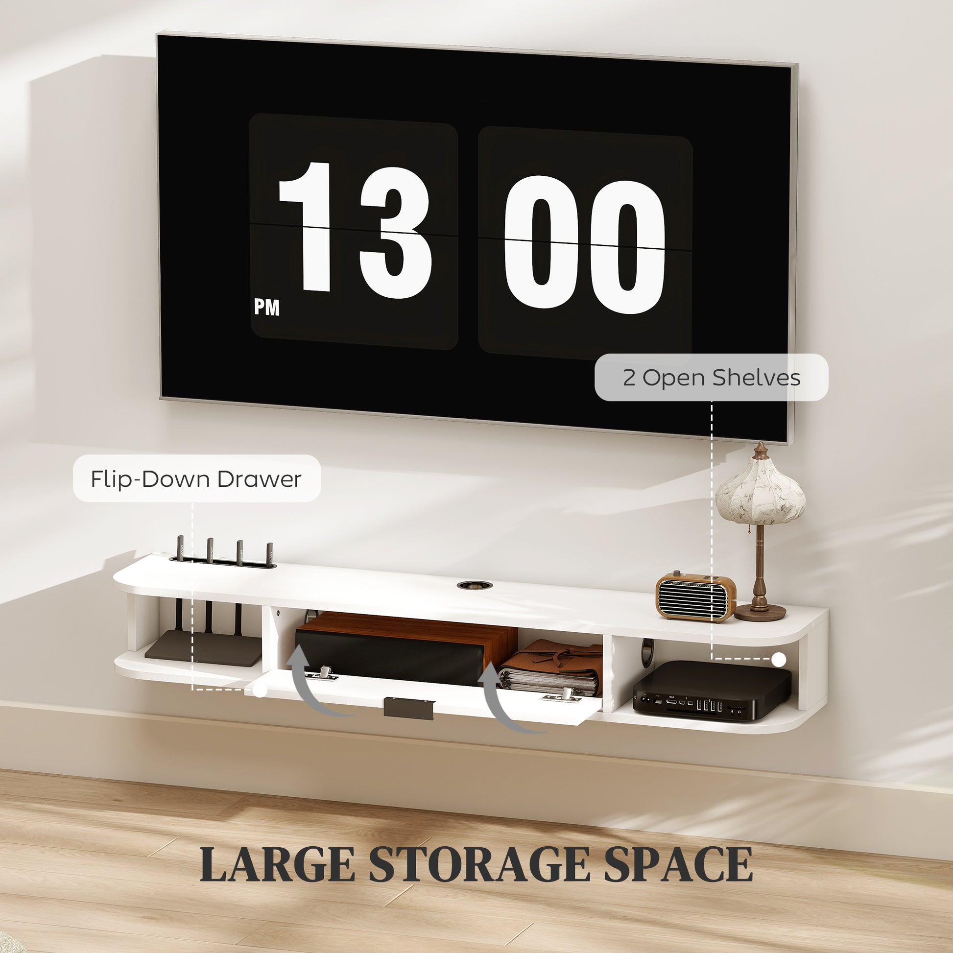 47" Floating TV Stand for TVs up to 50 Inch, Wall Mounted Media Console with Flip Drawer and 2 Open Shelves, White-Home Furnishings > Living Room Furniture > TV¬†Stands-DECOROLALA