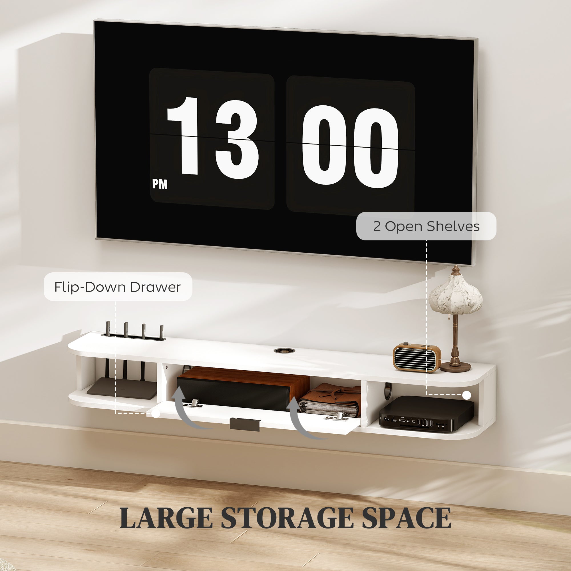 47" Floating TV Stand for TVs up to 50 Inch, Wall Mounted Media Console with Flip Drawer and 2 Open Shelves, White-Home Furnishings > Living Room Furniture > TV¬†Stands-DECOROLALA