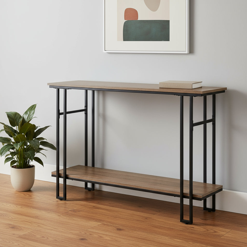 47" Gray and Black Frame Console Table With Shelves-Console Tables-DECOROLALA