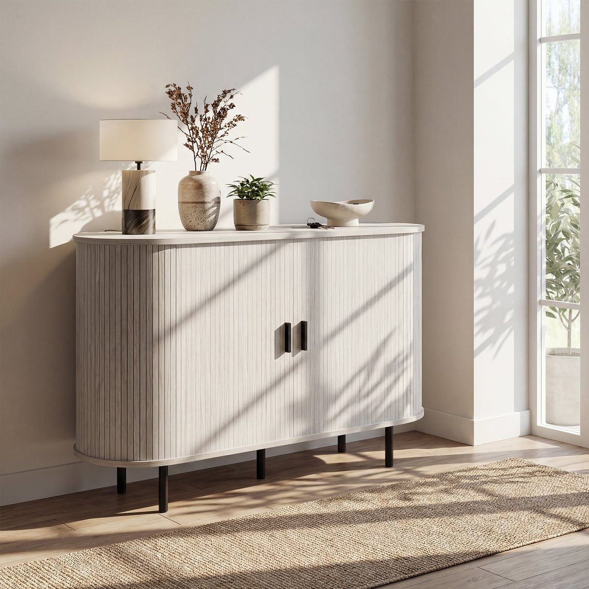 47 Inch Fluted Sideboard Buffet Cabinet with Tambour Sliding Doors and Metal Legs-Grey-Sideboards & Buffets-DECOROLALA