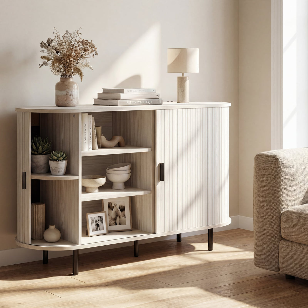 47 Inch Fluted Sideboard Buffet Cabinet with Tambour Sliding Doors and Metal Legs-Grey-Sideboards & Buffets-DECOROLALA