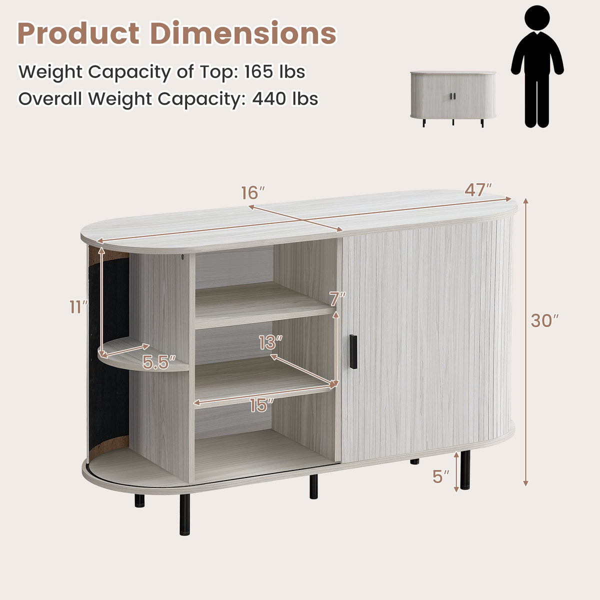 47 Inch Fluted Sideboard Buffet Cabinet with Tambour Sliding Doors and Metal Legs-Grey-Sideboards & Buffets-DECOROLALA