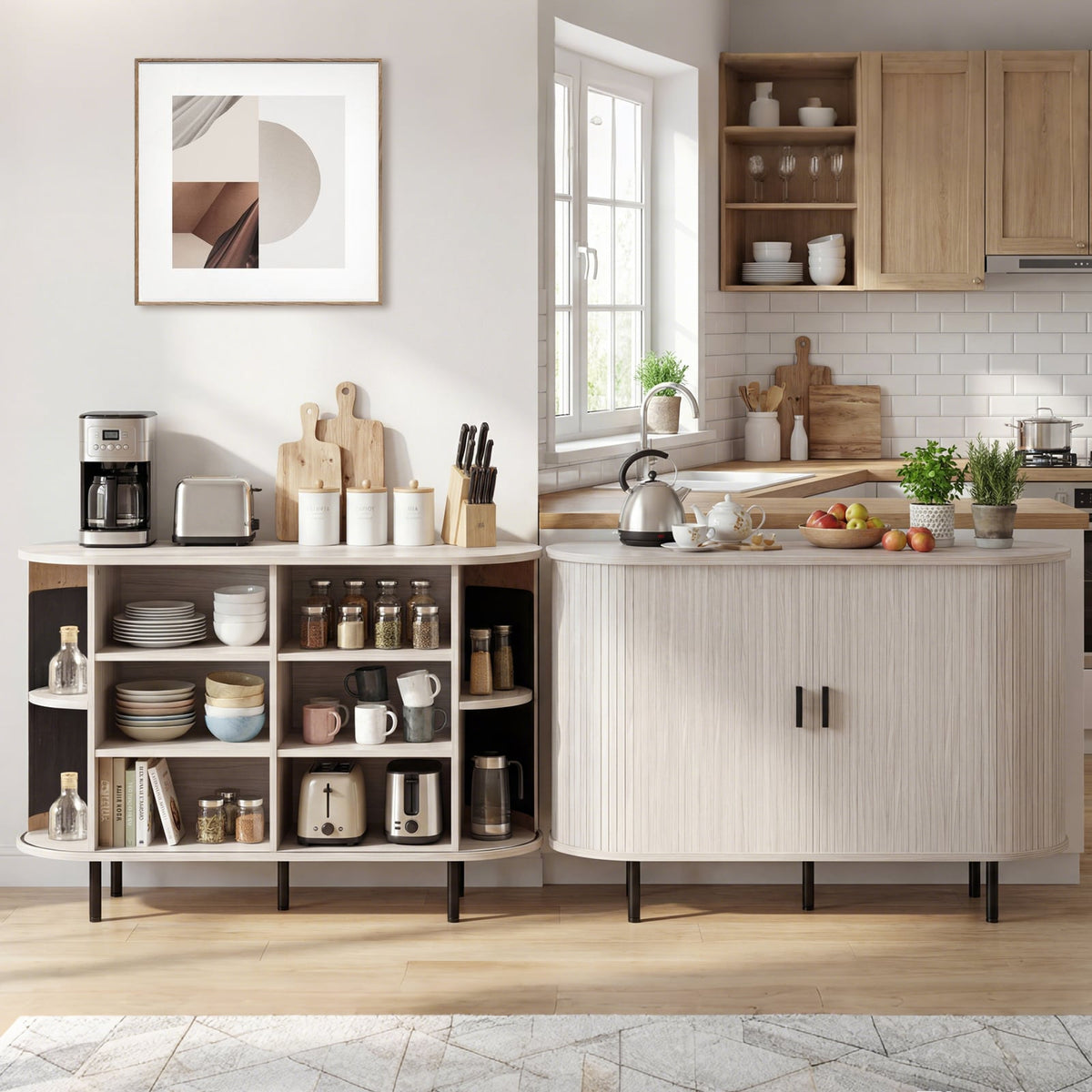 47 Inch Fluted Sideboard Buffet Cabinet with Tambour Sliding Doors and Metal Legs-Grey-Sideboards & Buffets-DECOROLALA
