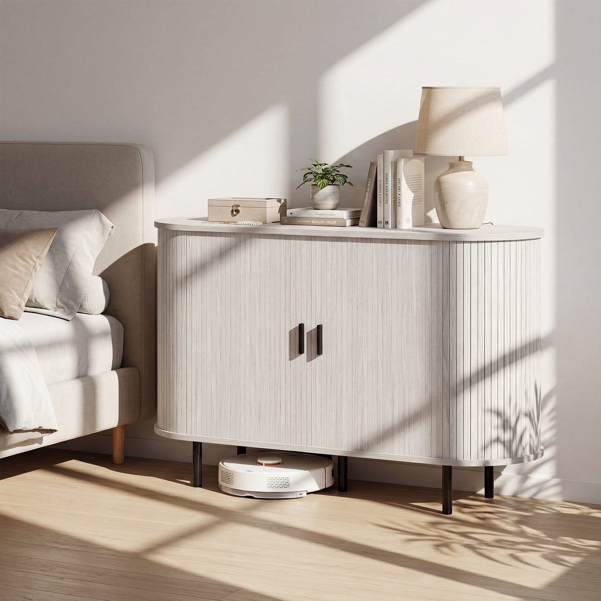 47 Inch Fluted Sideboard Buffet Cabinet with Tambour Sliding Doors and Metal Legs-Grey-Sideboards & Buffets-DECOROLALA