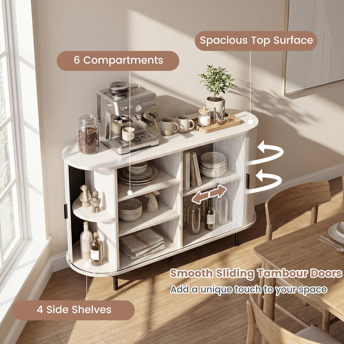 47 Inch Fluted Sideboard Buffet Cabinet with Tambour Sliding Doors and Metal Legs-Grey-Sideboards & Buffets-DECOROLALA