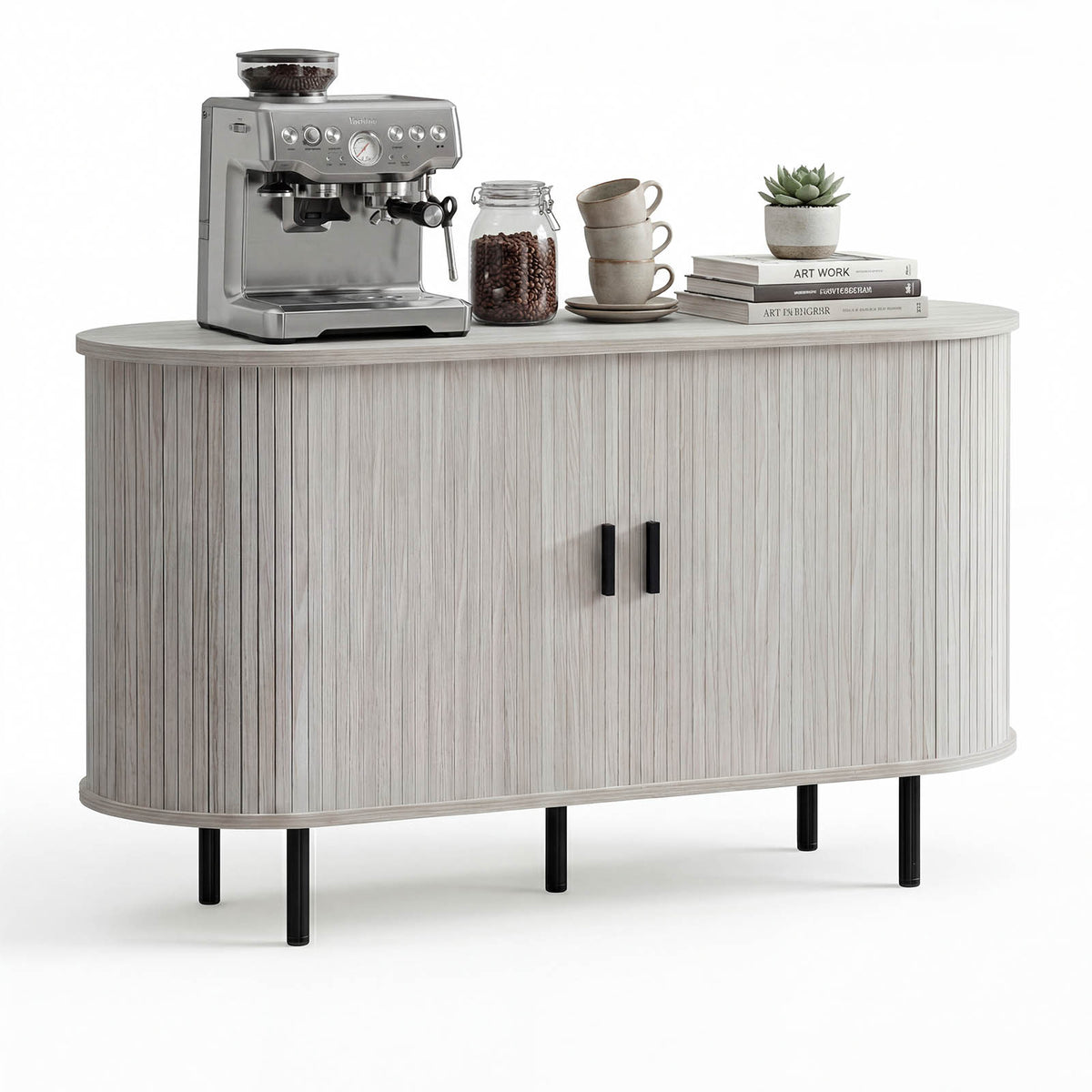 47 Inch Fluted Sideboard Buffet Cabinet with Tambour Sliding Doors and Metal Legs-Grey-Sideboards & Buffets-DECOROLALA