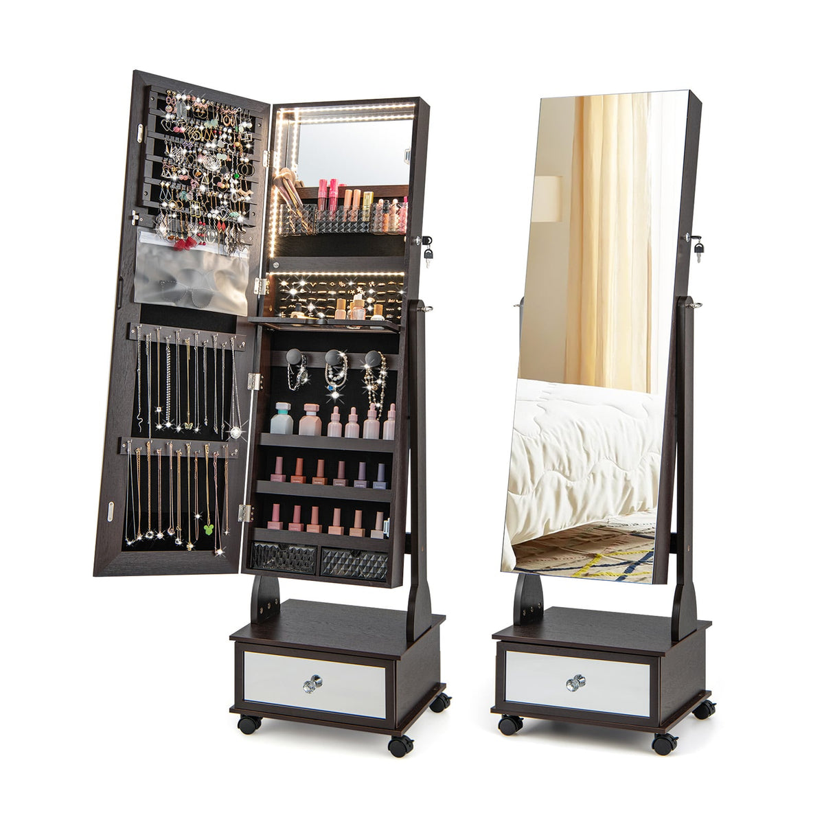 47 Inch Lockable Jewelry Cabinet Armoire with 3-Color LED Lights-Brown-Jewelry Armoires-DECOROLALA