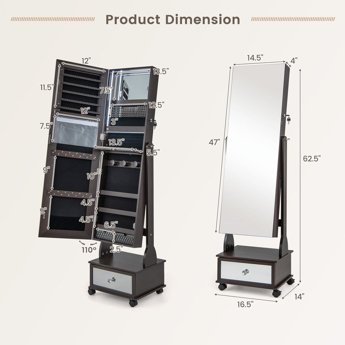 47 Inch Lockable Jewelry Cabinet Armoire with 3-Color LED Lights-Brown-Jewelry Armoires-DECOROLALA
