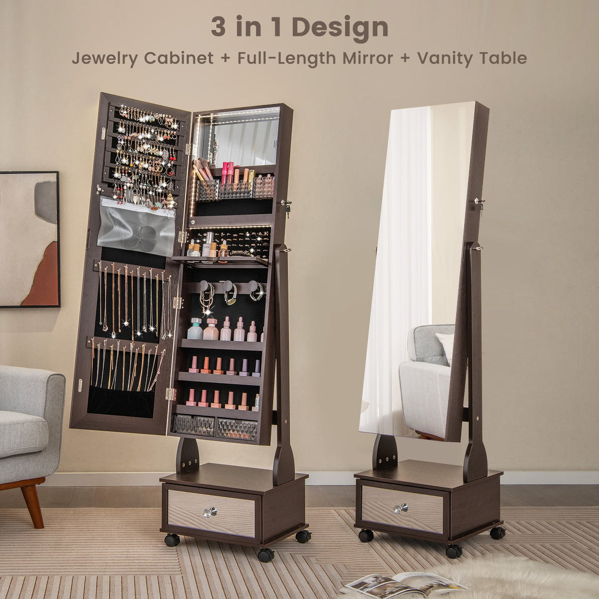 47 Inch Lockable Jewelry Cabinet Armoire with 3-Color LED Lights-Brown-Jewelry Armoires-DECOROLALA