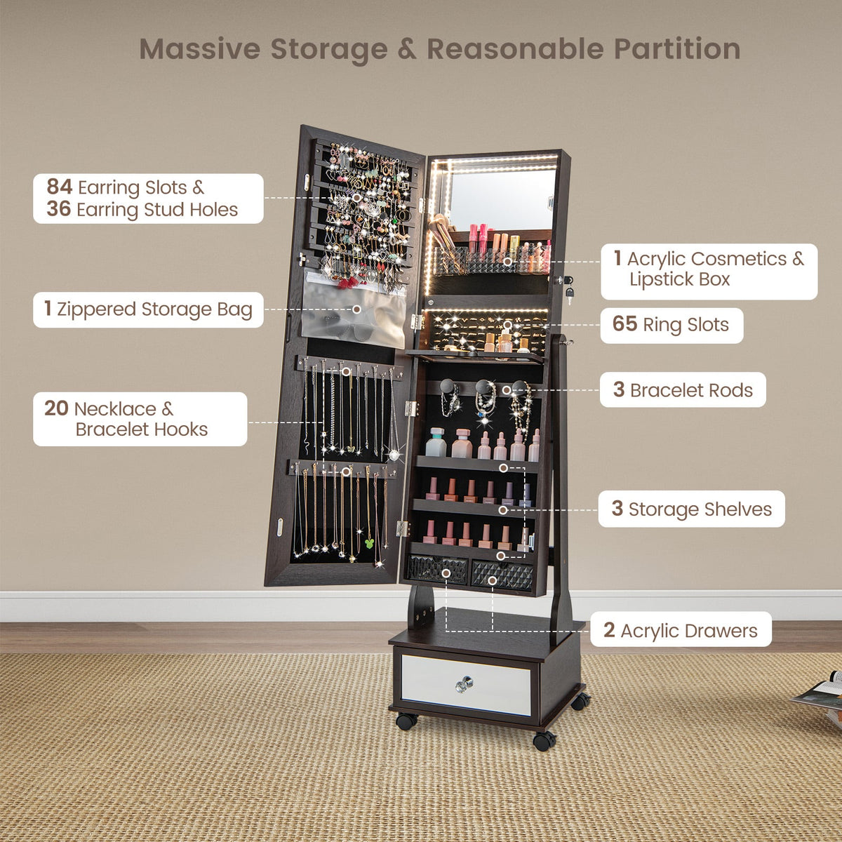 47 Inch Lockable Jewelry Cabinet Armoire with 3-Color LED Lights-Brown-Jewelry Armoires-DECOROLALA
