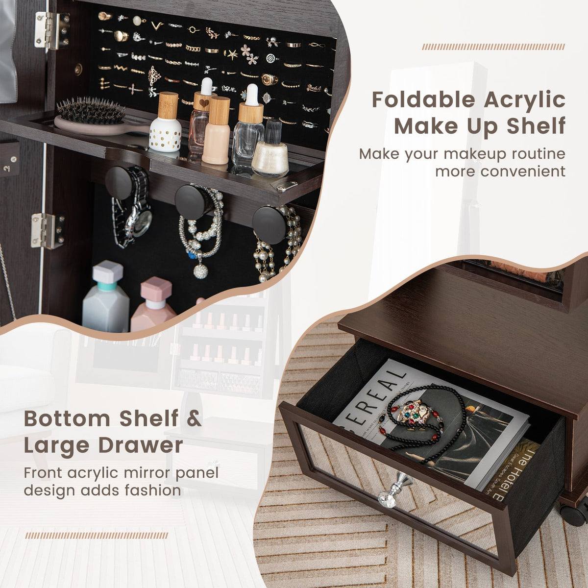 47 Inch Lockable Jewelry Cabinet Armoire with 3-Color LED Lights-Brown-Jewelry Armoires-DECOROLALA