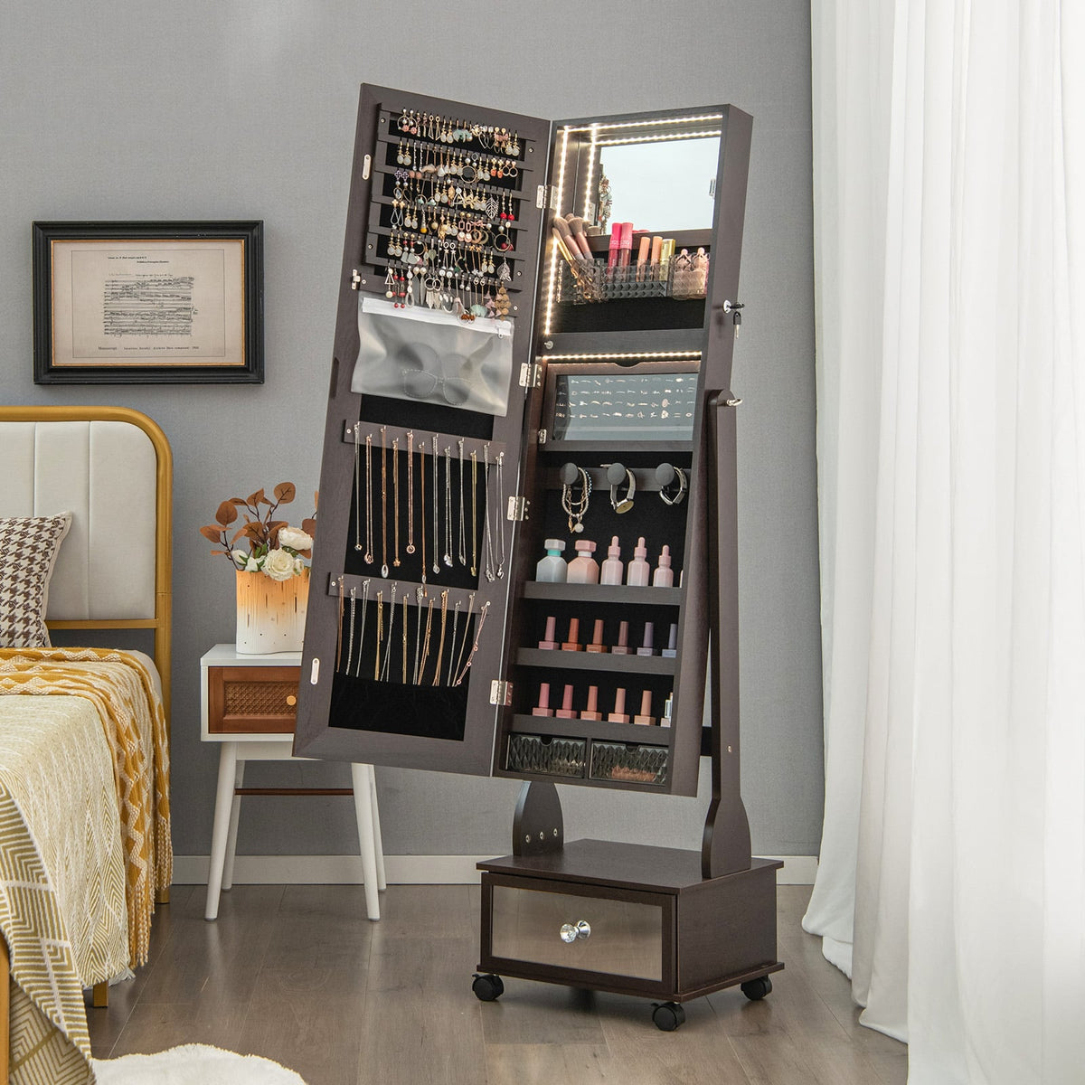47 Inch Lockable Jewelry Cabinet Armoire with 3-Color LED Lights-Brown-Jewelry Armoires-DECOROLALA