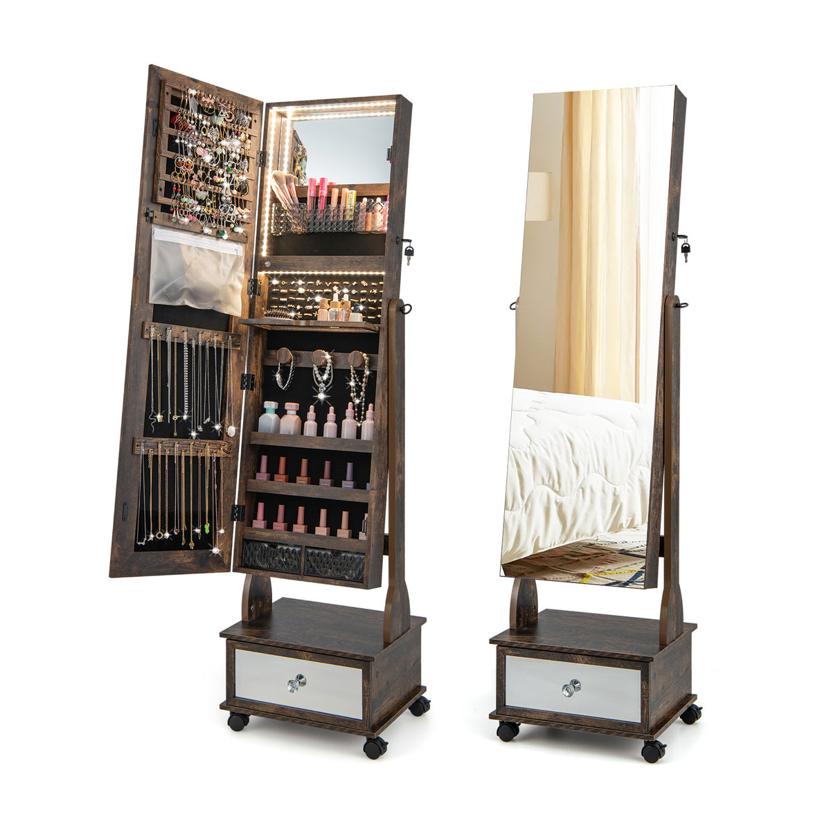 47 Inch Lockable Jewelry Cabinet Armoire with 3-Color LED Lights-Rustic Brown-Jewelry Armoires-DECOROLALA