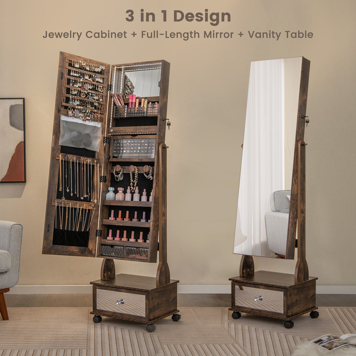 47 Inch Lockable Jewelry Cabinet Armoire with 3-Color LED Lights-Rustic Brown-Jewelry Armoires-DECOROLALA