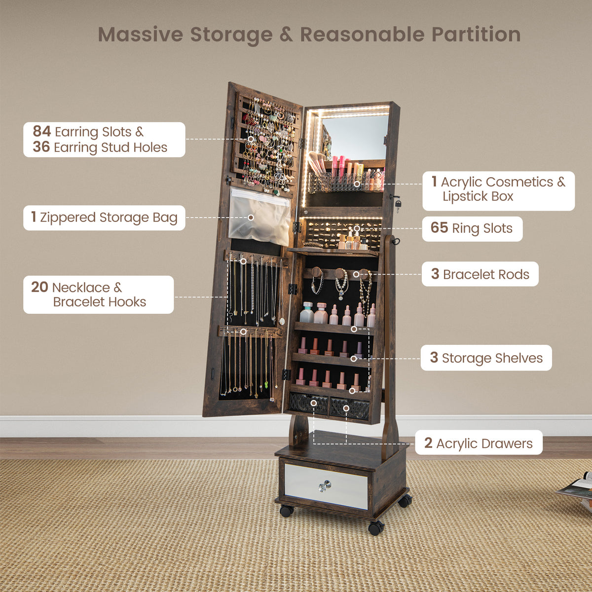 47 Inch Lockable Jewelry Cabinet Armoire with 3-Color LED Lights-Rustic Brown-Jewelry Armoires-DECOROLALA