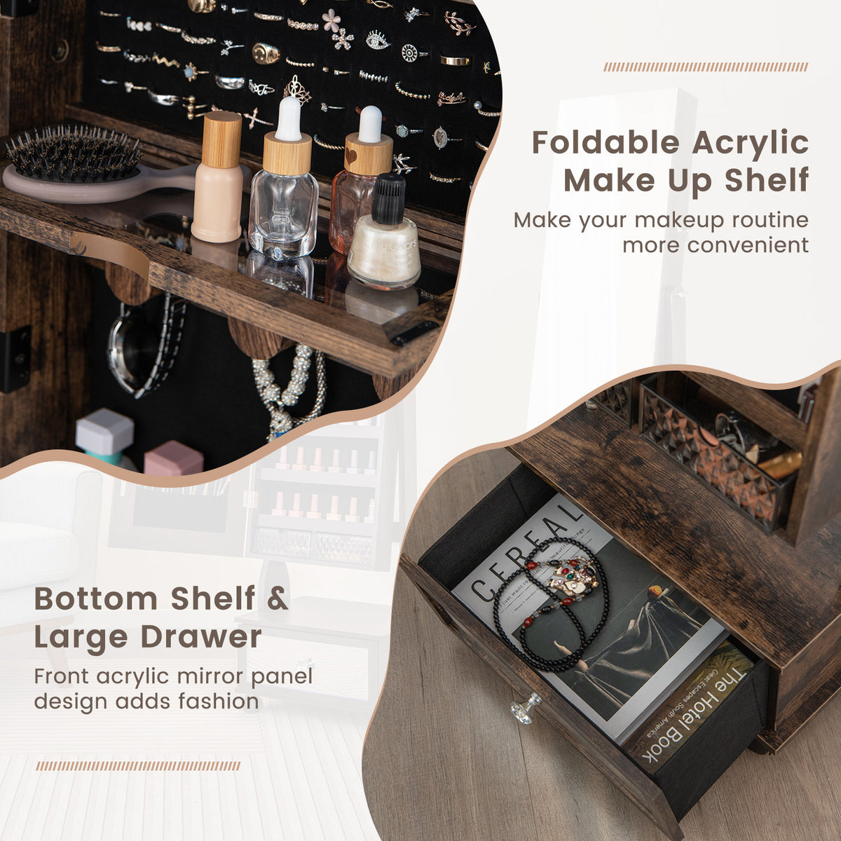 47 Inch Lockable Jewelry Cabinet Armoire with 3-Color LED Lights-Rustic Brown-Jewelry Armoires-DECOROLALA