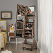 47 Inch Lockable Jewelry Cabinet Armoire with 3-Color LED Lights-Rustic Brown-Jewelry Armoires-DECOROLALA