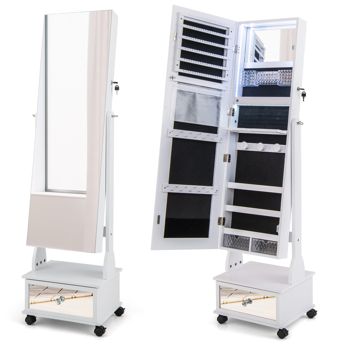 47 Inch Lockable Jewelry Cabinet Armoire with 3-Color LED Lights-White-Jewelry Armoires-DECOROLALA