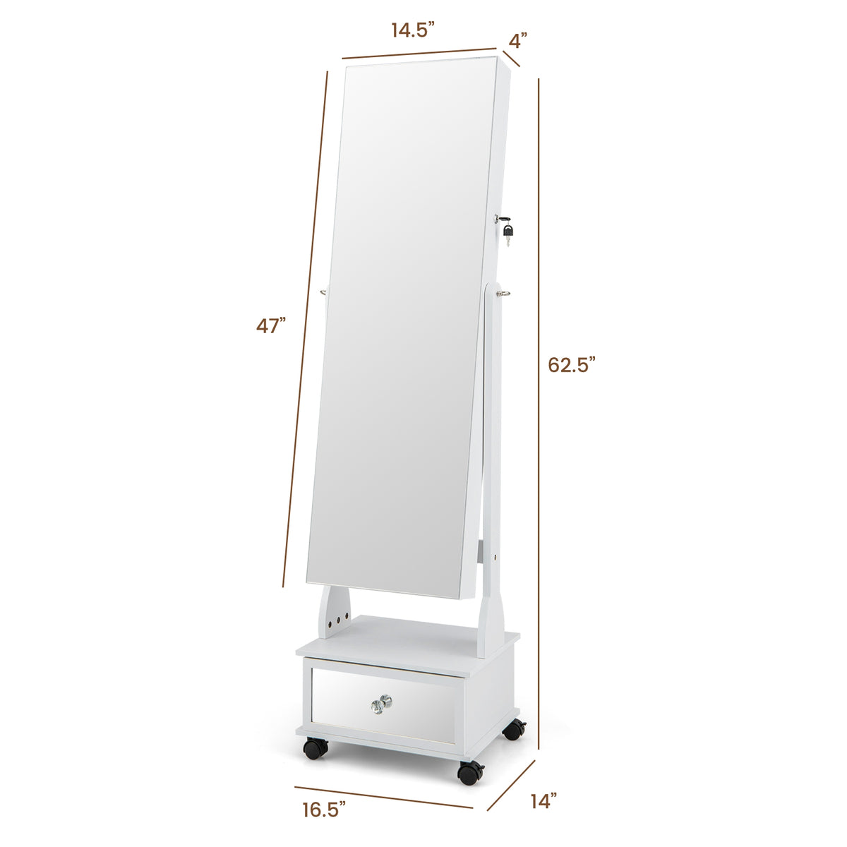 47 Inch Lockable Jewelry Cabinet Armoire with 3-Color LED Lights-White-Jewelry Armoires-DECOROLALA