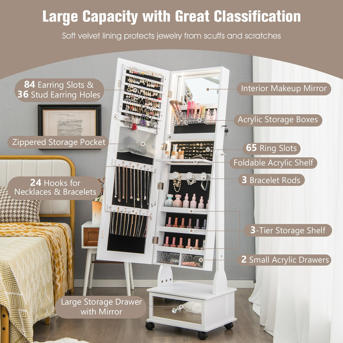 47 Inch Lockable Jewelry Cabinet Armoire with 3-Color LED Lights-White-Jewelry Armoires-DECOROLALA