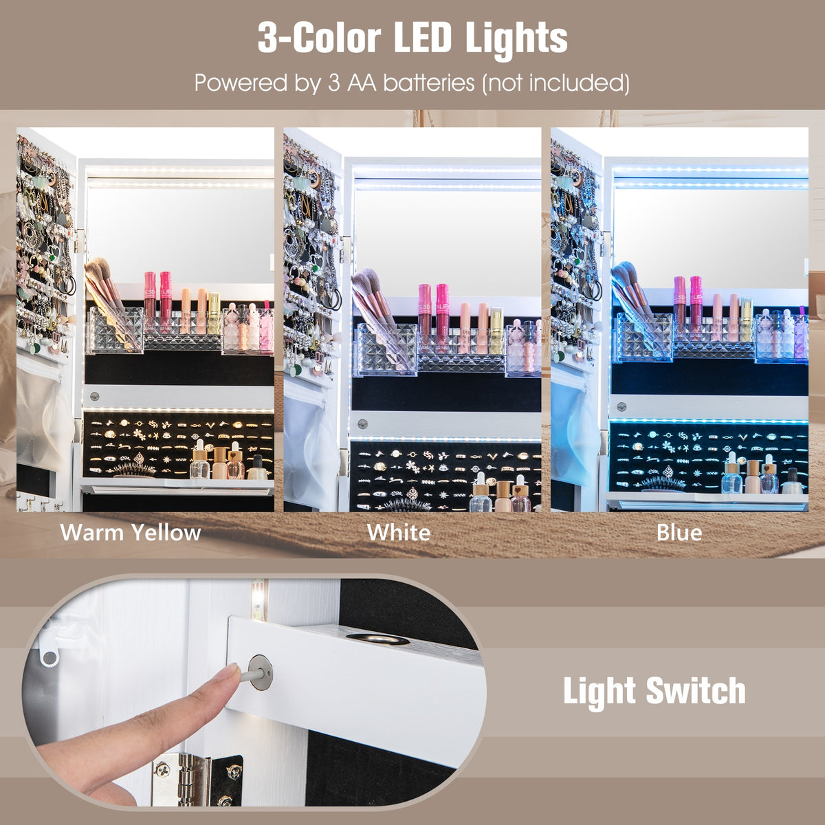 47 Inch Lockable Jewelry Cabinet Armoire with 3-Color LED Lights-White-Jewelry Armoires-DECOROLALA