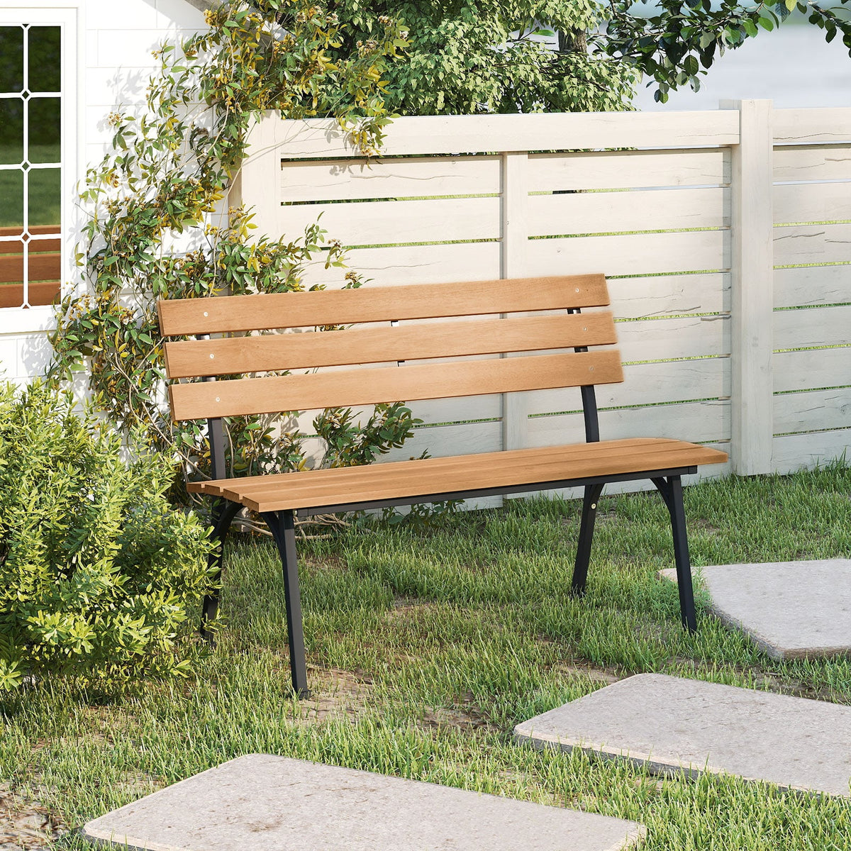 47 Inch Outdoor Acacia Wood Bench with Metal Frame and Slatted Seat-Outdoor Benches-DECOROLALA