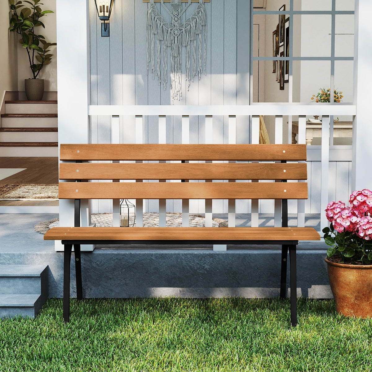 47 Inch Outdoor Acacia Wood Bench with Metal Frame and Slatted Seat-Outdoor Benches-DECOROLALA