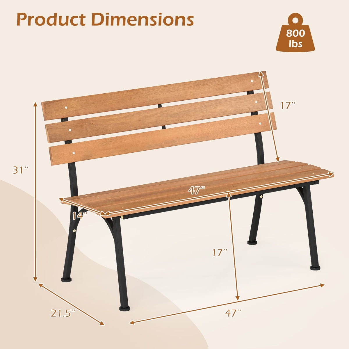 47 Inch Outdoor Acacia Wood Bench with Metal Frame and Slatted Seat-Outdoor Benches-DECOROLALA