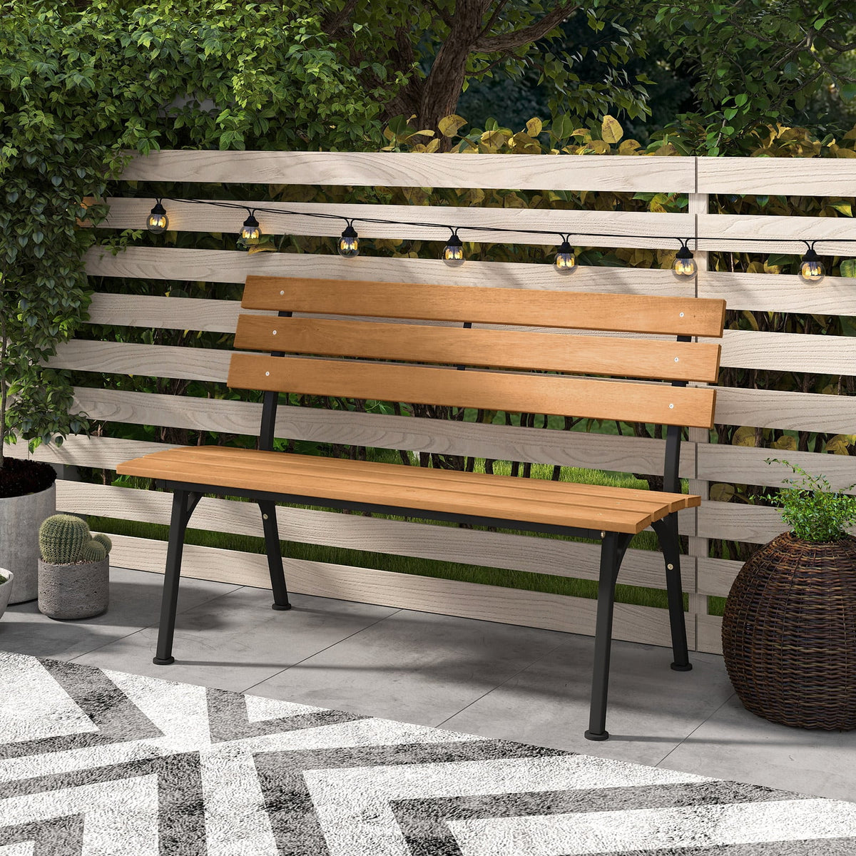 47 Inch Outdoor Acacia Wood Bench with Metal Frame and Slatted Seat-Outdoor Benches-DECOROLALA
