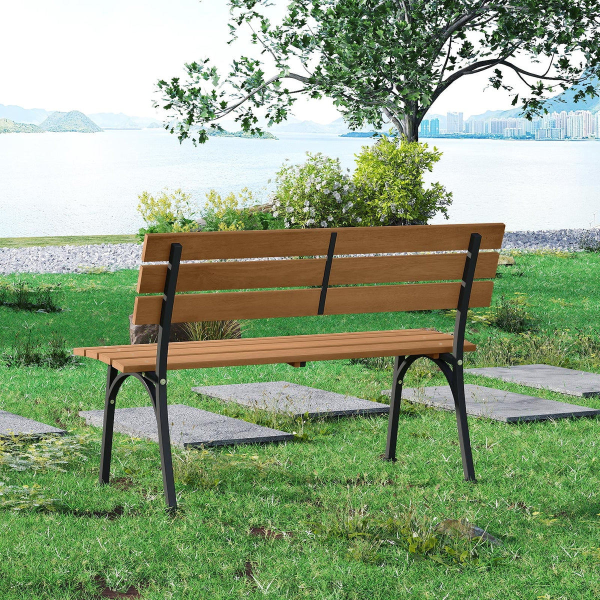 47 Inch Outdoor Acacia Wood Bench with Metal Frame and Slatted Seat-Outdoor Benches-DECOROLALA