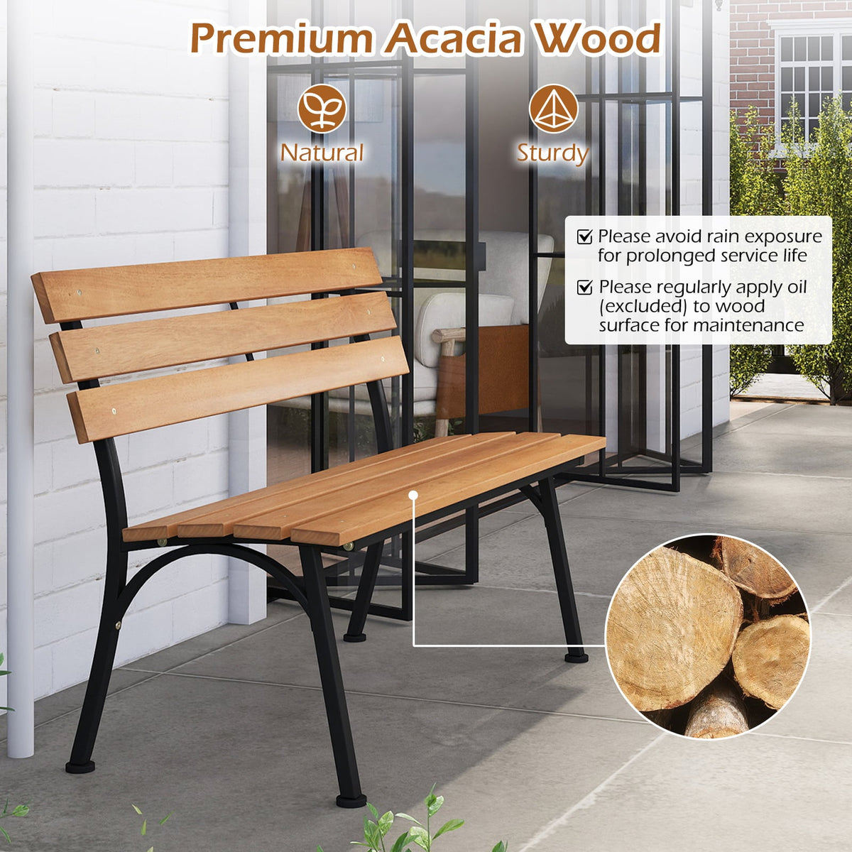 47 Inch Outdoor Acacia Wood Bench with Metal Frame and Slatted Seat-Outdoor Benches-DECOROLALA