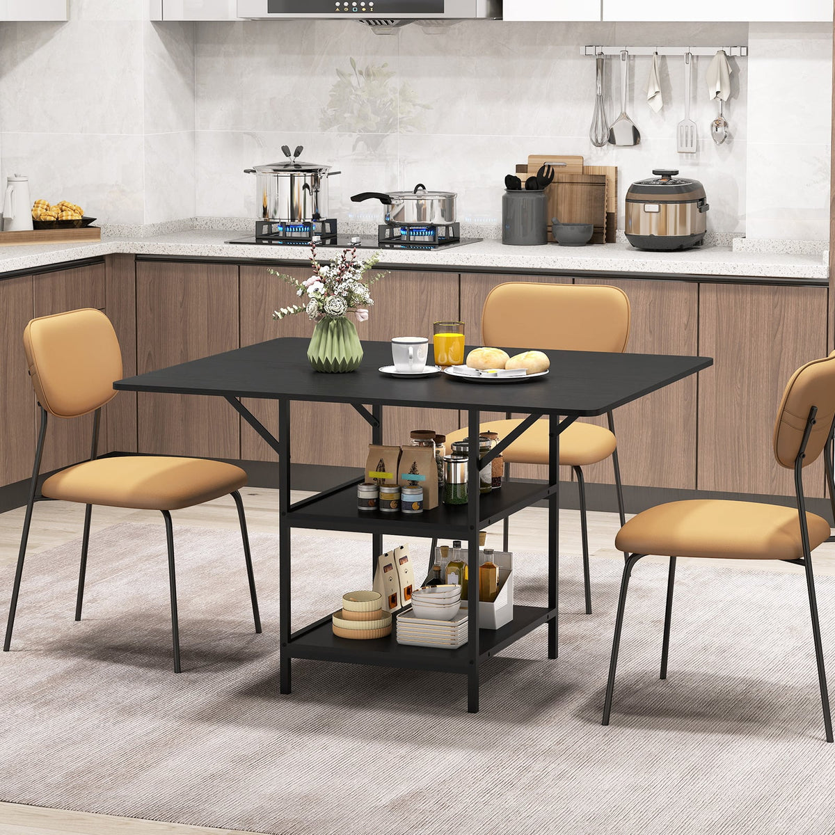47 Inch Rectangular Dining Table with 2 Open Storage Shelves and Sturdy Metal Legs for 4-6-Black-Dining Tables-DECOROLALA
