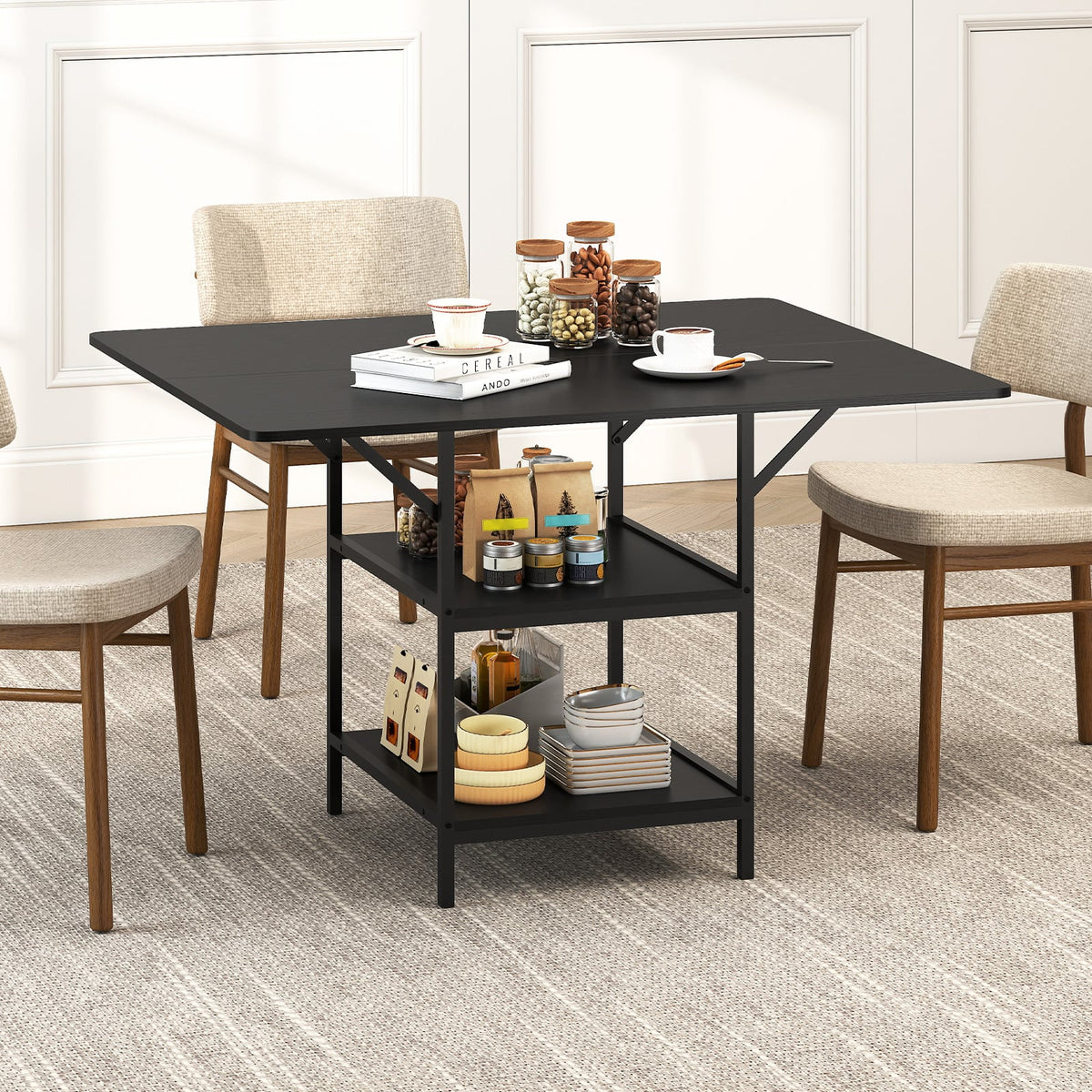 47 Inch Rectangular Dining Table with 2 Open Storage Shelves and Sturdy Metal Legs for 4-6-Black-Dining Tables-DECOROLALA