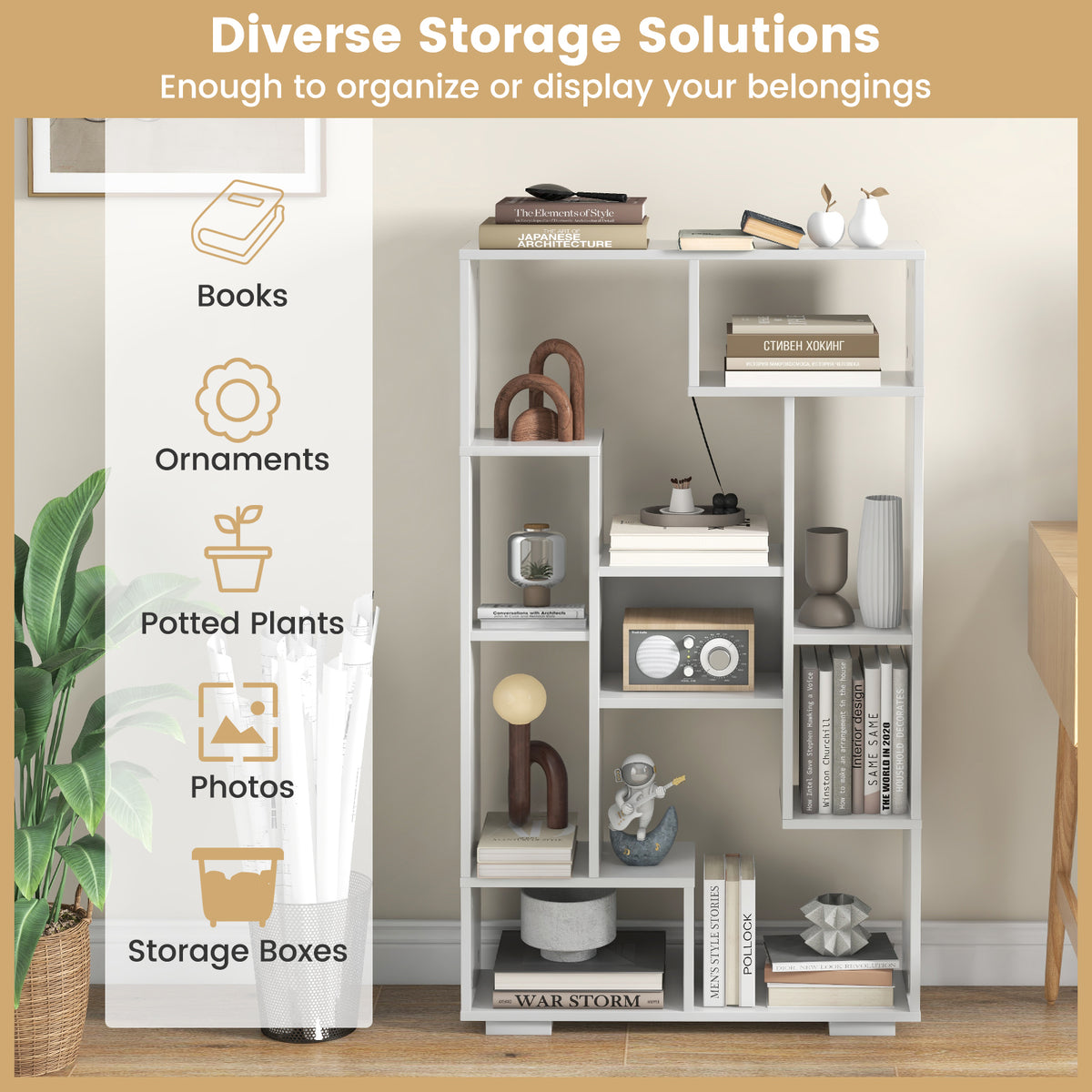 47-Inch Tall Bookshelf for Home Office Living Room-White-Bookcases-DECOROLALA