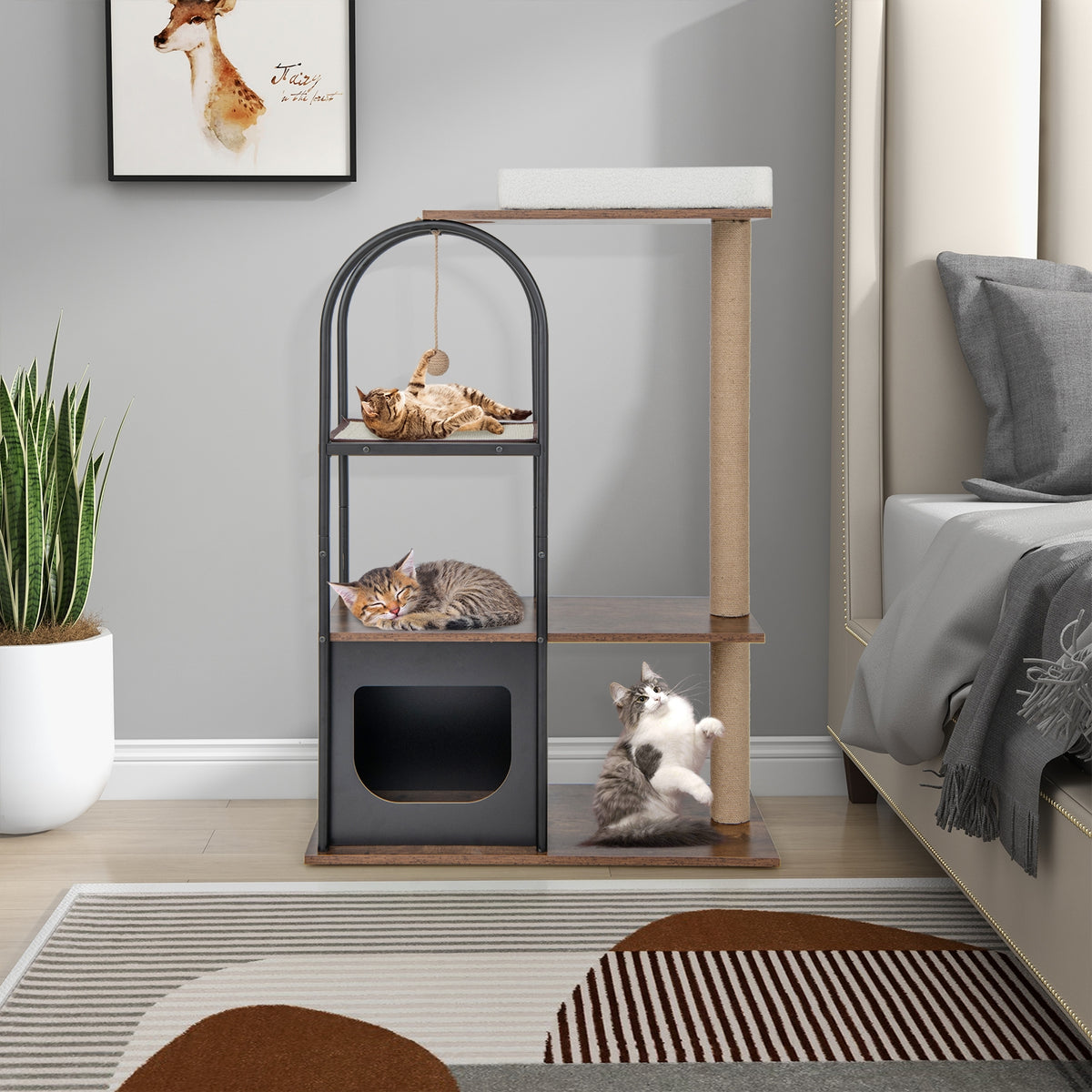 47 Inch Tall Cat Tree Tower Top Perch Cat Bed with Metal Frame-Black-Cat Trees & Scratchers-DECOROLALA