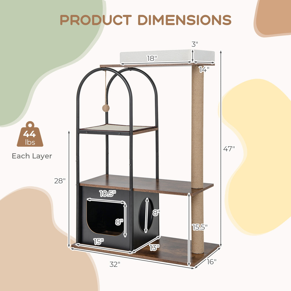 47 Inch Tall Cat Tree Tower Top Perch Cat Bed with Metal Frame-Black-Cat Trees & Scratchers-DECOROLALA
