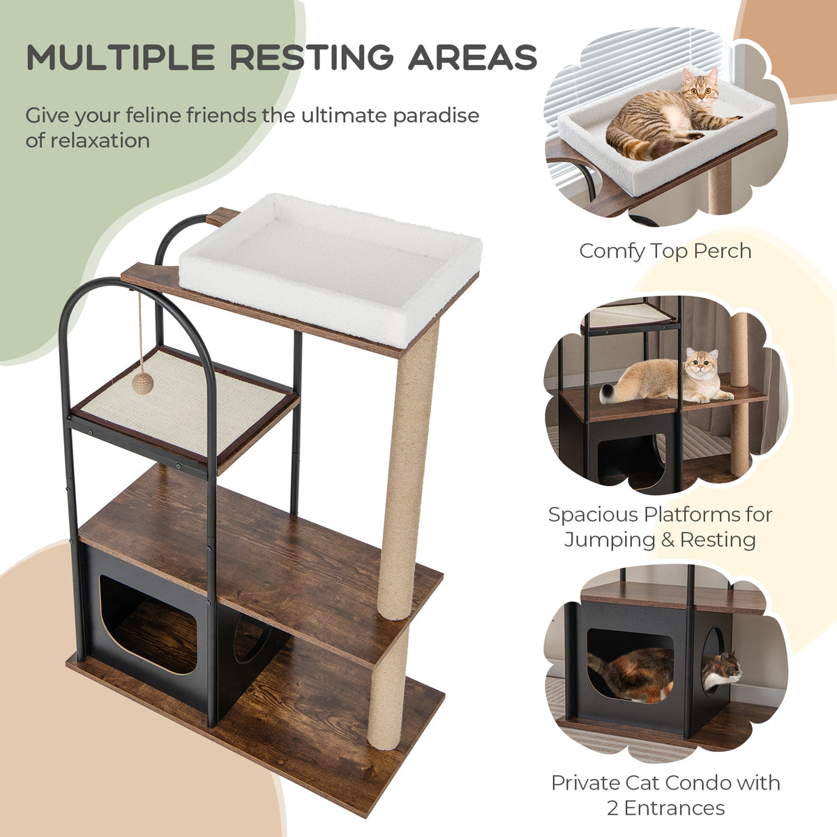 47 Inch Tall Cat Tree Tower Top Perch Cat Bed with Metal Frame-Black-Cat Trees & Scratchers-DECOROLALA