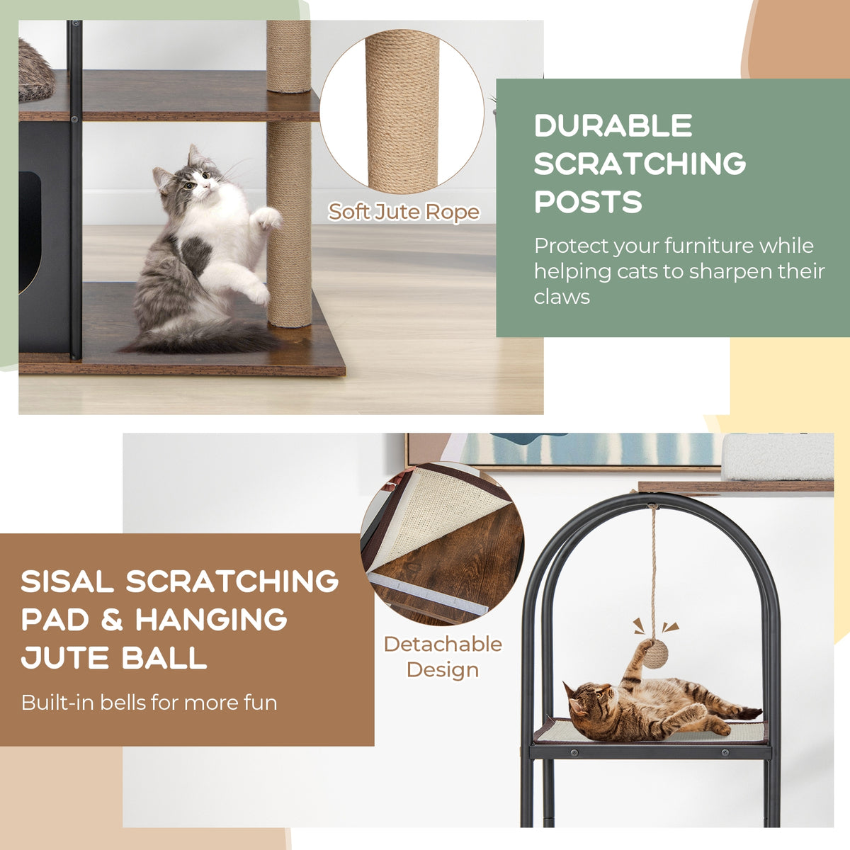 47 Inch Tall Cat Tree Tower Top Perch Cat Bed with Metal Frame-Black-Cat Trees & Scratchers-DECOROLALA