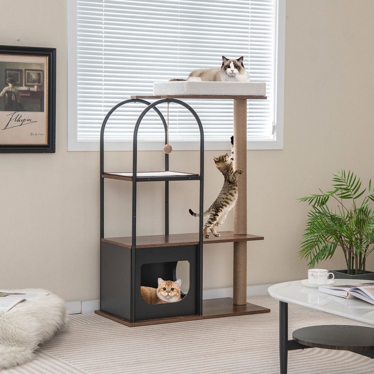 47 Inch Tall Cat Tree Tower Top Perch Cat Bed with Metal Frame-Black-Cat Trees & Scratchers-DECOROLALA