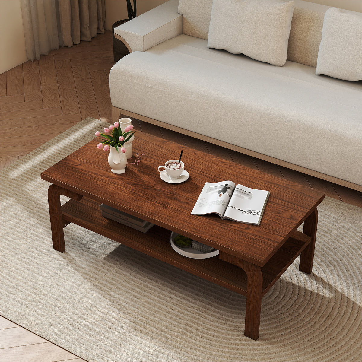 47 Inches Accent Rectangular Coffee Table for Living Room-Walnut-Coffee Tables-DECOROLALA