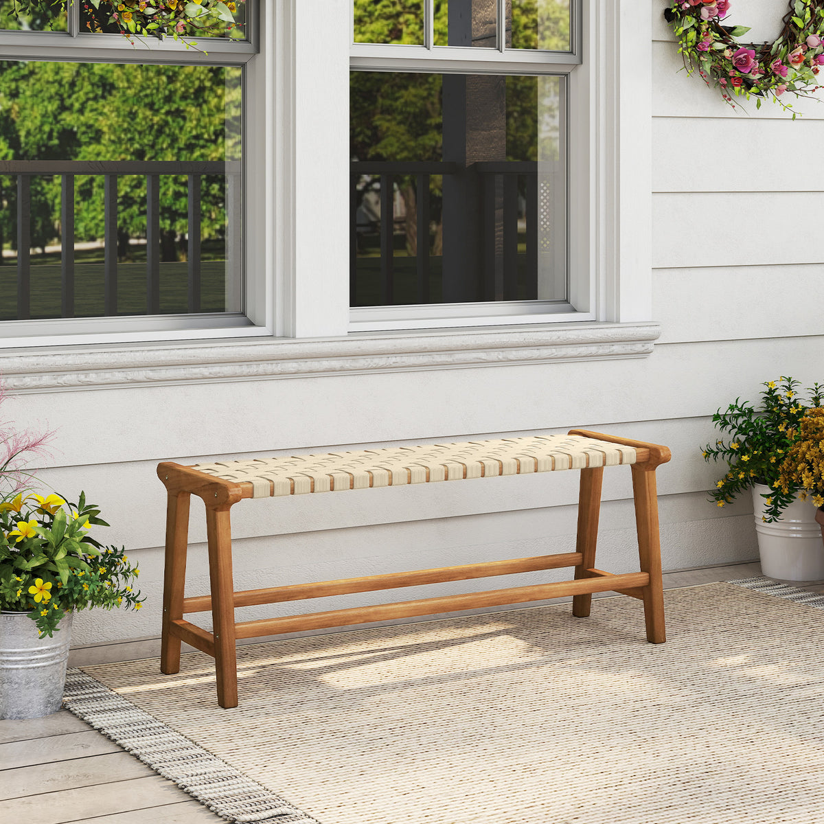 47 Inches Long Teak Wood Patio Bench with Weave Seat and Solid Wood Legs-Natural-Dining Chairs-DECOROLALA