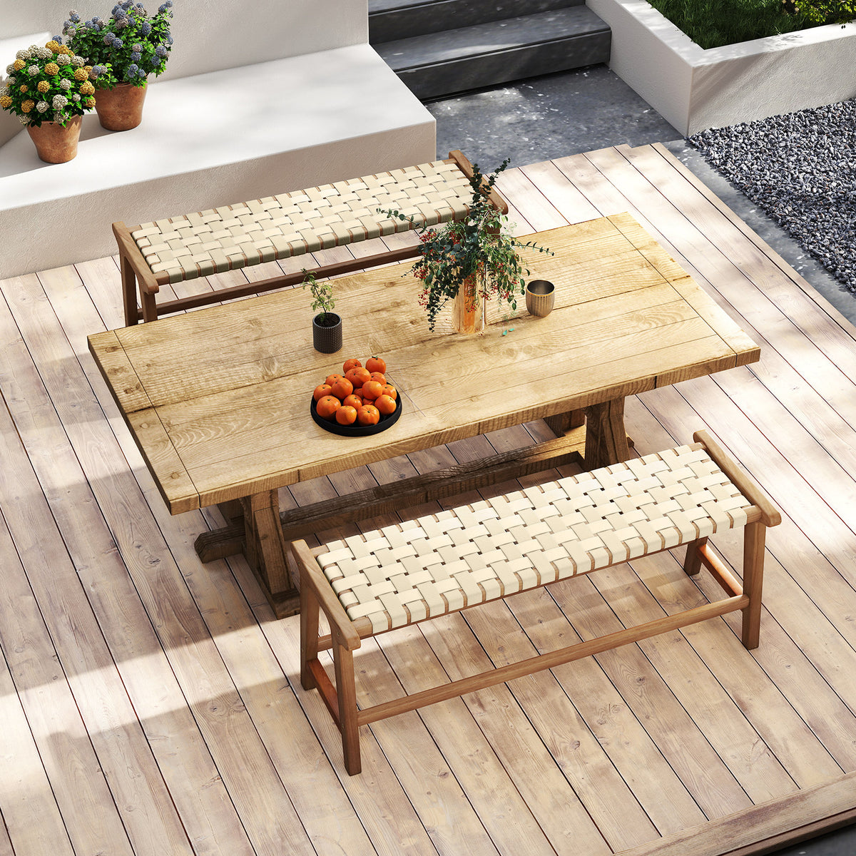 47 Inches Long Teak Wood Patio Bench with Weave Seat and Solid Wood Legs-Natural-Dining Chairs-DECOROLALA