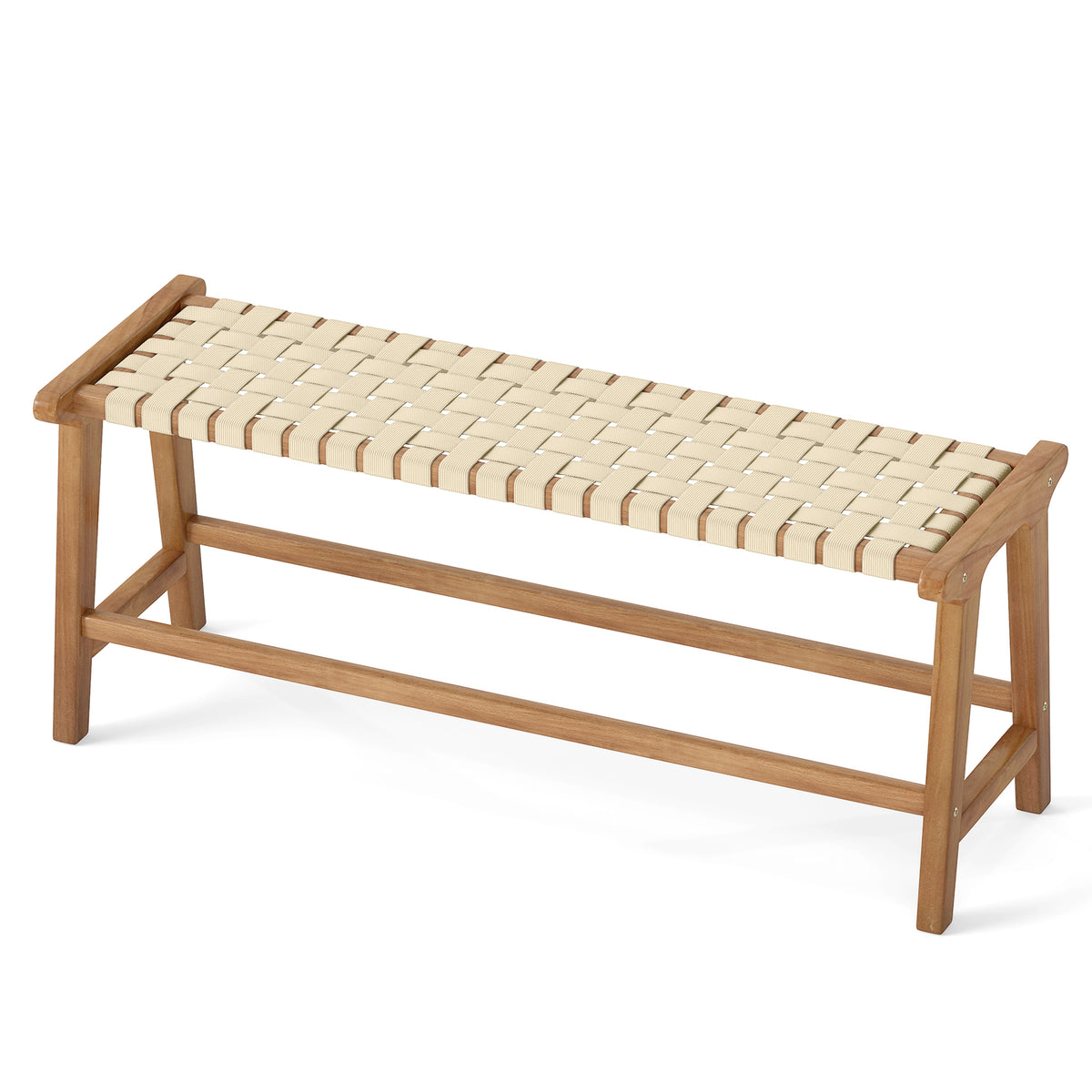 47 Inches Long Teak Wood Patio Bench with Weave Seat and Solid Wood Legs-Natural-Dining Chairs-DECOROLALA