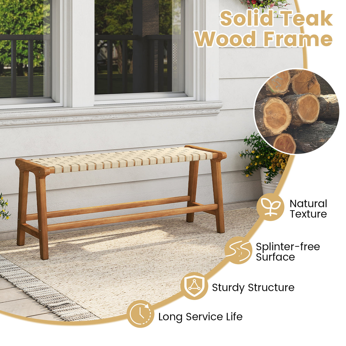 47 Inches Long Teak Wood Patio Bench with Weave Seat and Solid Wood Legs-Natural-Dining Chairs-DECOROLALA