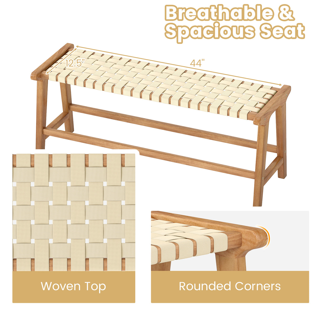 47 Inches Long Teak Wood Patio Bench with Weave Seat and Solid Wood Legs-Natural-Dining Chairs-DECOROLALA