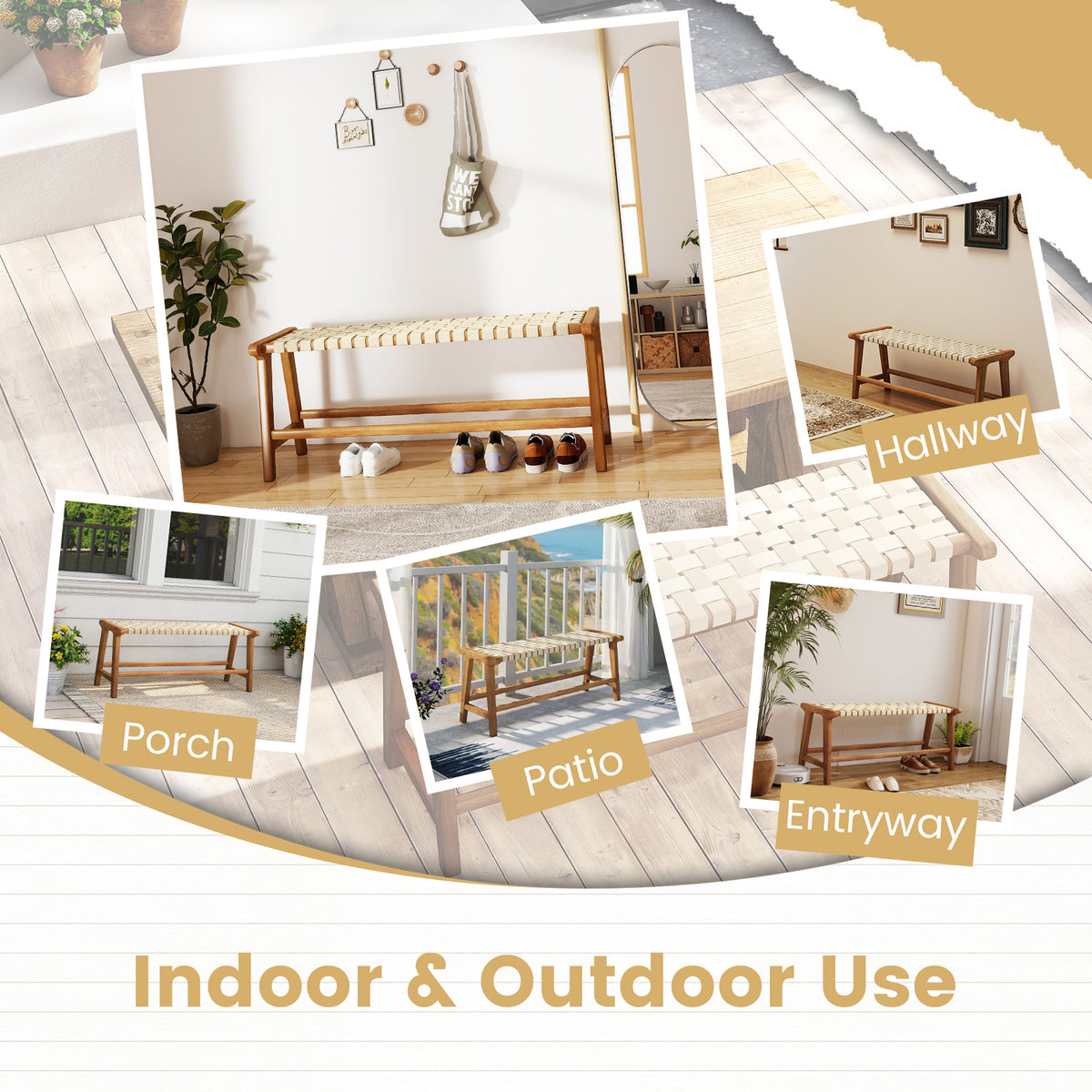 47 Inches Long Teak Wood Patio Bench with Weave Seat and Solid Wood Legs-Natural-Dining Chairs-DECOROLALA
