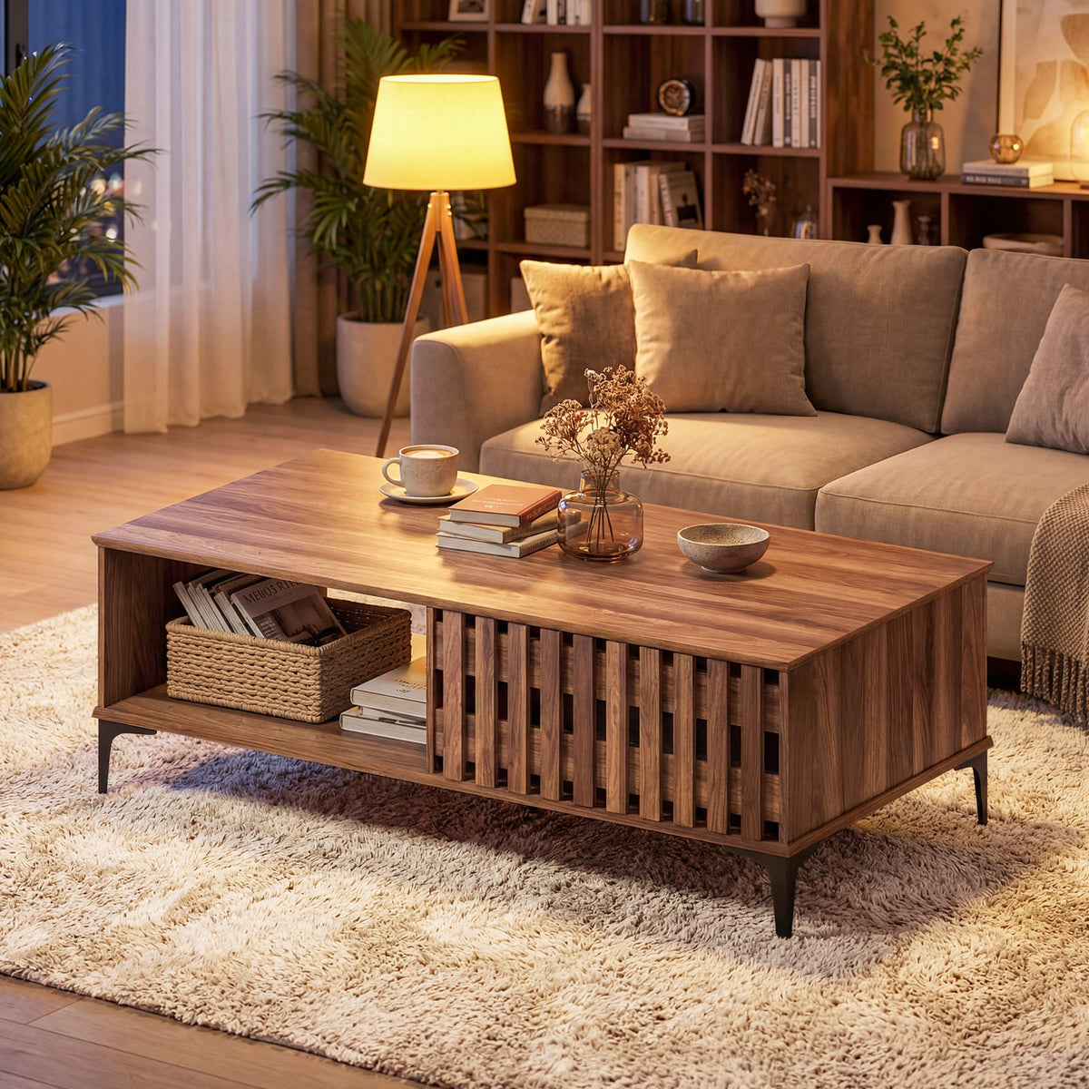 47 Inches Mid Century Coffee Table Farmhouse Wooden Center Table-Walnut-Coffee Tables-DECOROLALA