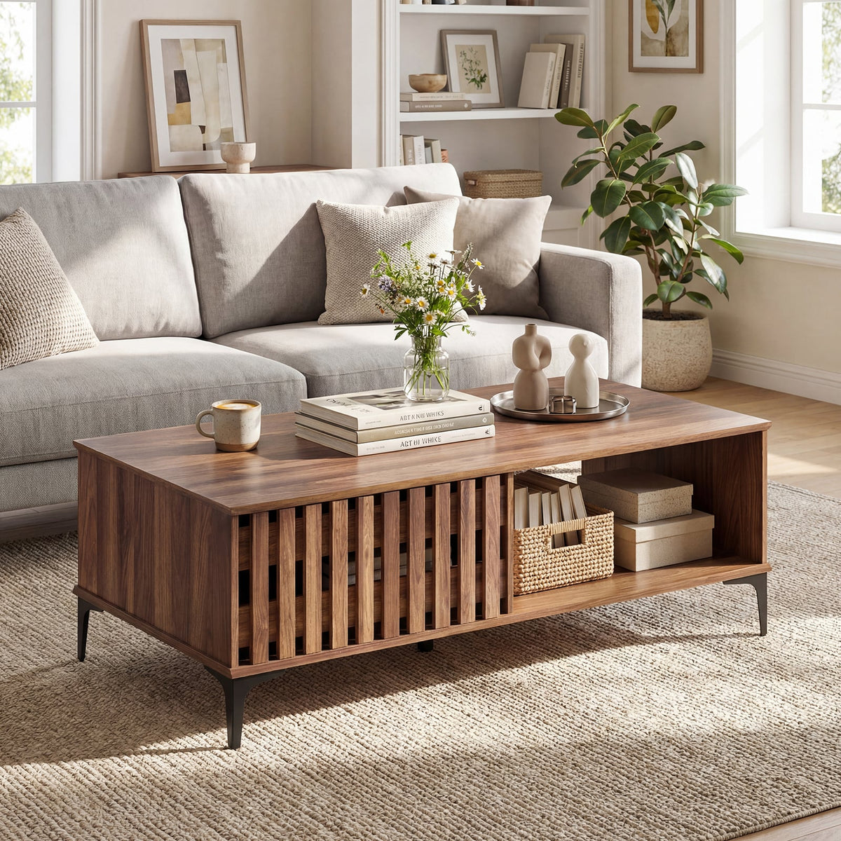 47 Inches Mid Century Coffee Table Farmhouse Wooden Center Table-Walnut-Coffee Tables-DECOROLALA